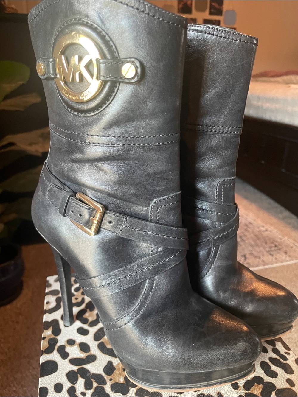 MICHAEL Michael Kors Black Leather Stiletto Ankle Booties with Gold Logo